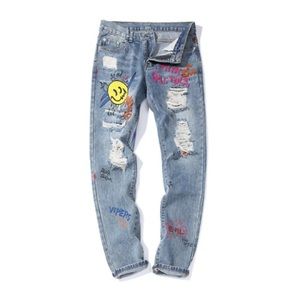 Men's Frayed Jeans Street Style Dance Hip Hop Graffiti Slim Pants Denim Trousers